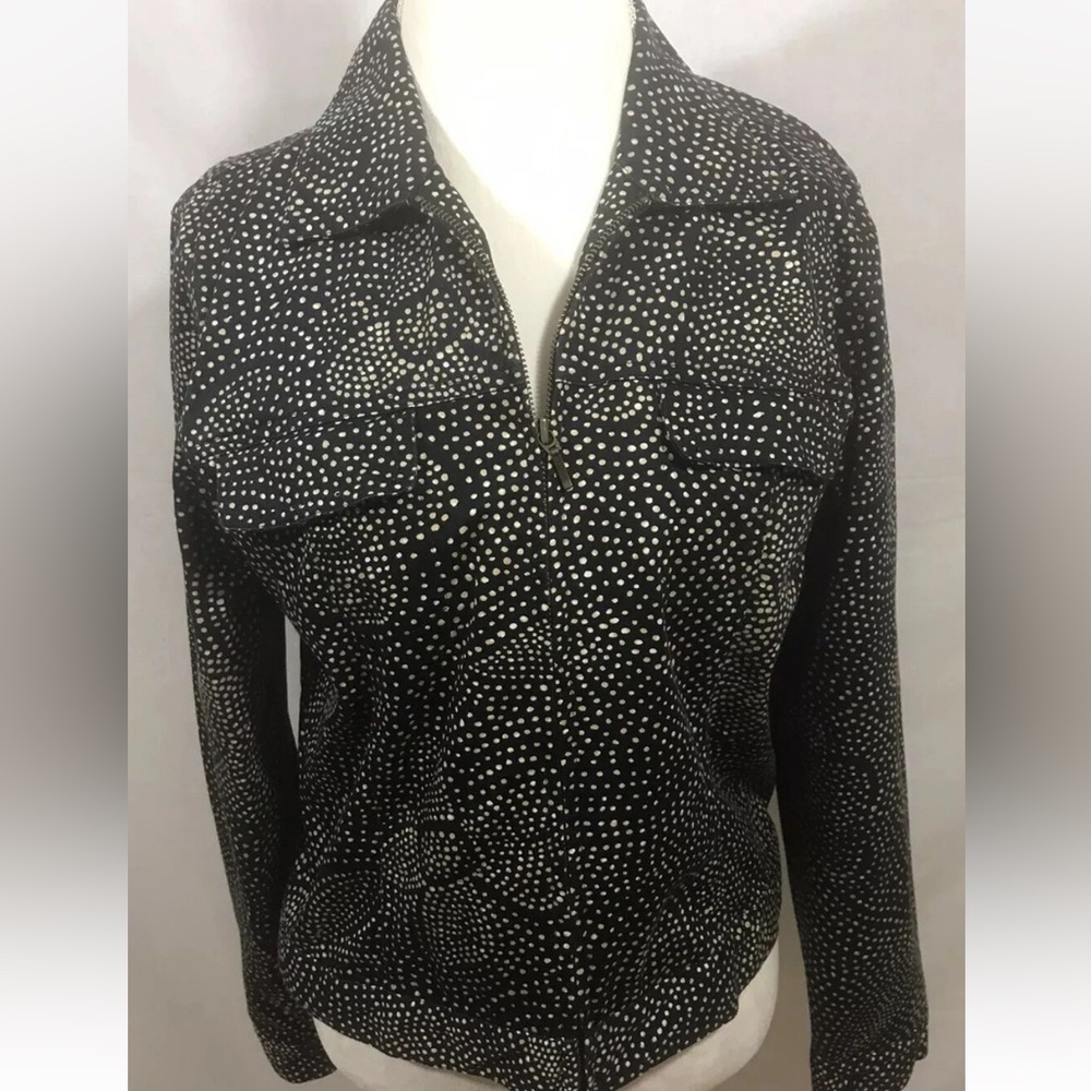 Geoffrey Beene Sport Sz 12 Black/Gold/Ivory Floral Dots Zip Jacket vintage